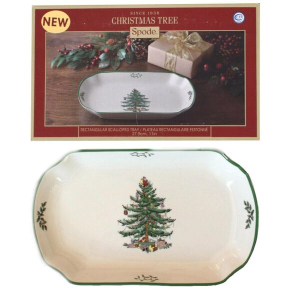 2018 Spode Christmas Tree Multicolor Rectangular Scalloped Tray 11" New in Box - Picture 3 of 3